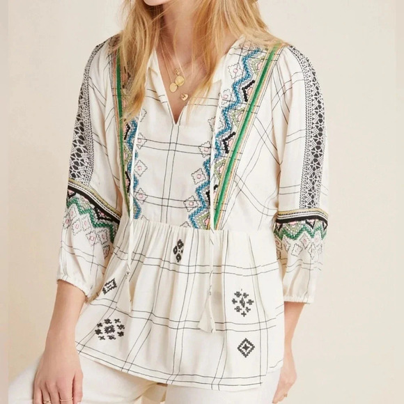 Anthropologie Vineet Bahl Cream Brielle Embroidered Peasant Top Size L - Picture 1 of 14